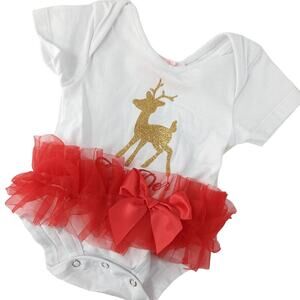 Baby's First Christmas Infant Girls One Piece Tutu Reindeer White & Red